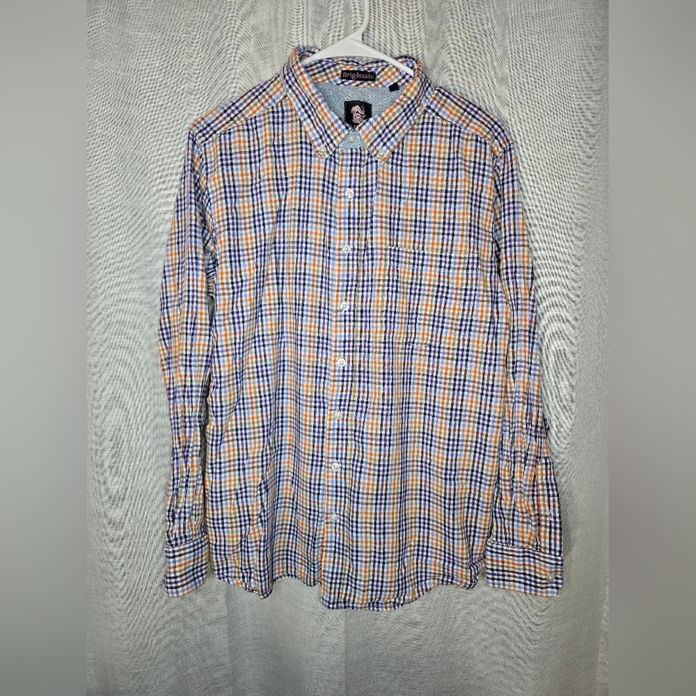 Brightside Olefant Mens Medium Button Down Shirt Long Sleeve Plaid Orange/Blue‎